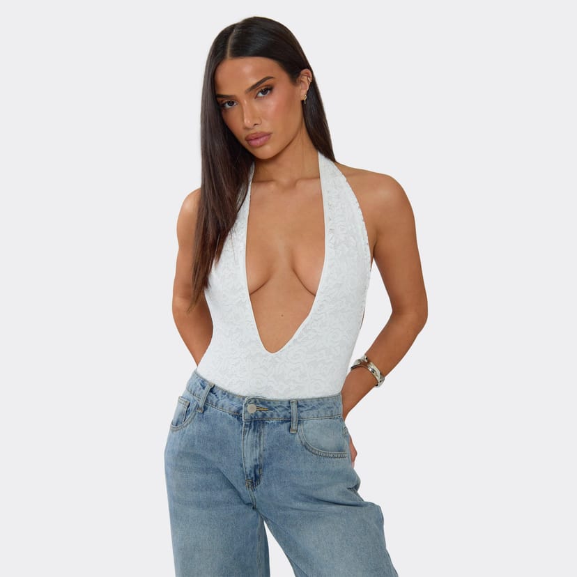 EGO Plunge Halterneck Bodysuit In White Lace, Women's Size UK 6 - 1