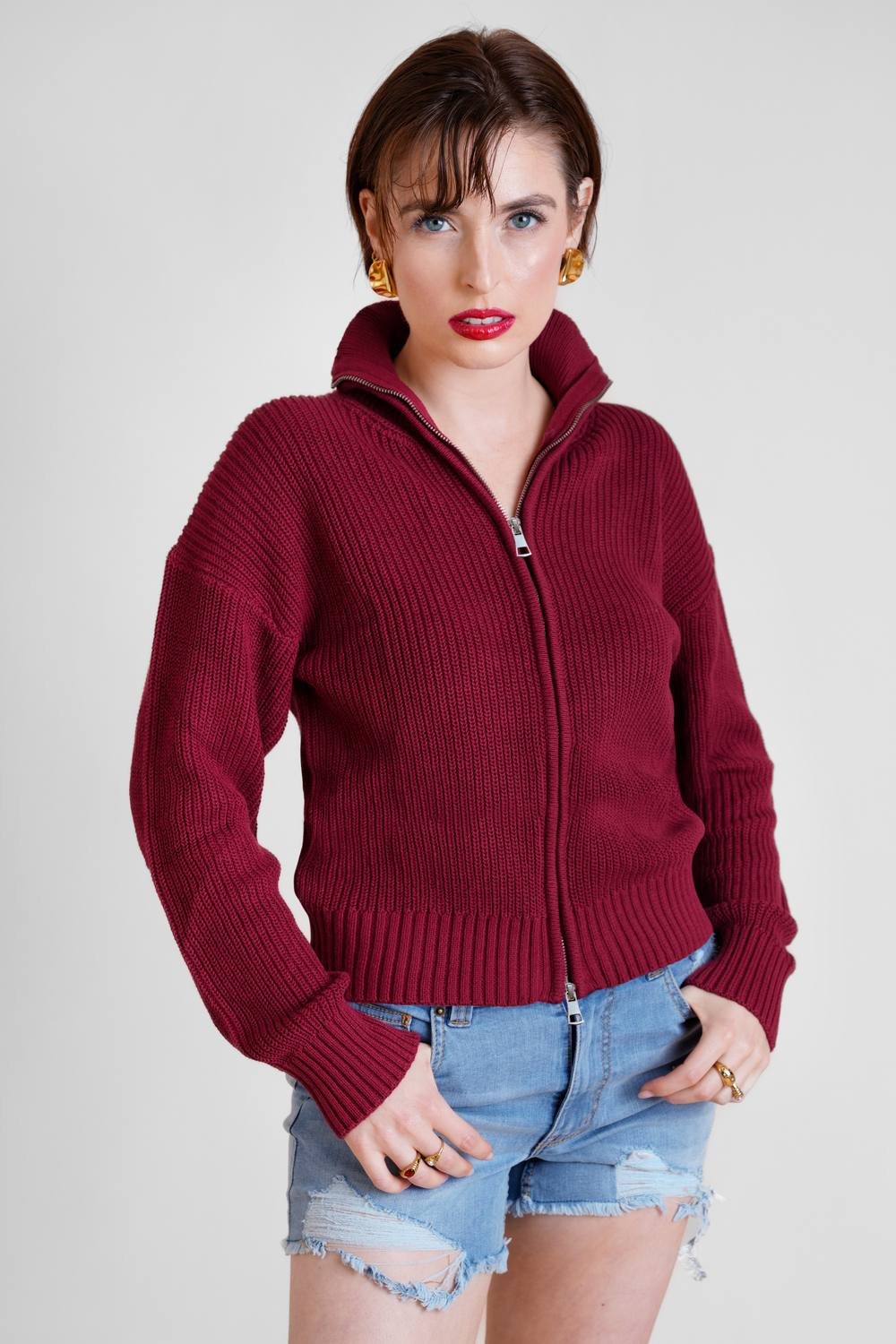 Enorsia Enorsia Women's Funnel Neck Two-Way Zip Jumper in Maroon - 2