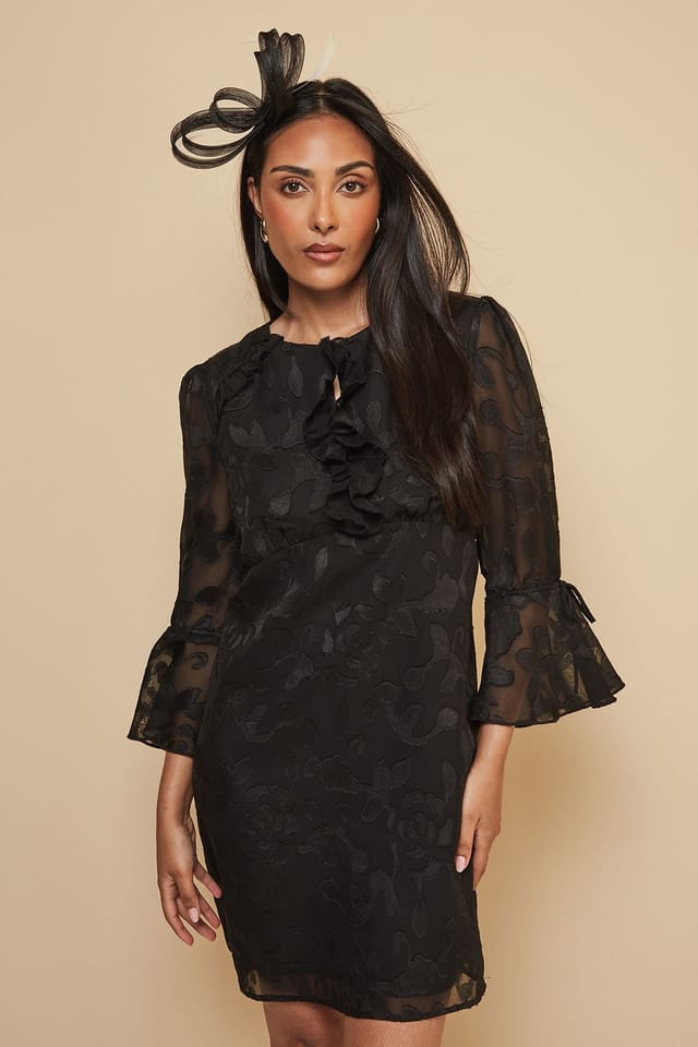 Wallis Wallis Women's Petite Floral Jacquard Ruffle Shift Dress in Black - 2