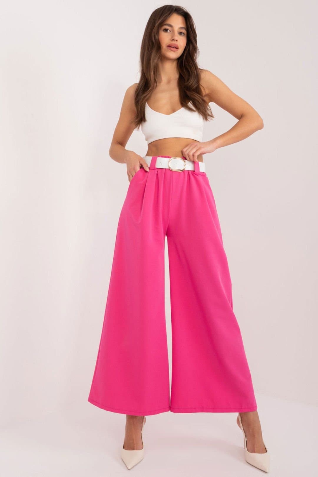 Love Lace Love Lace Pink Polyester Palazzo Trousers with Belt Pockets