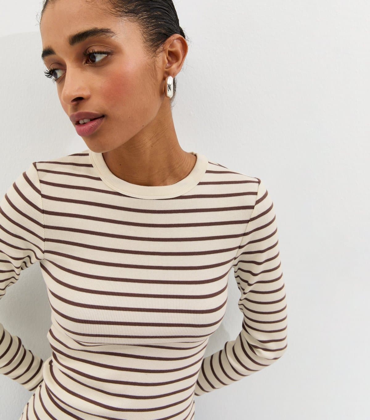 New Look Women's Cream Striped Rib Crew Neck Long Sleeve Top New Look