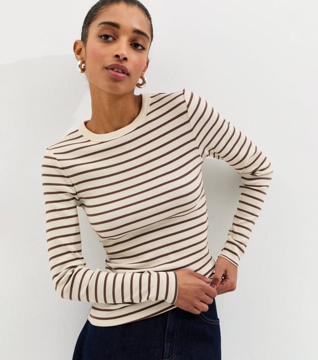 New Look Women's Cream Striped Rib Crew Neck Long Sleeve Top New Look - 2