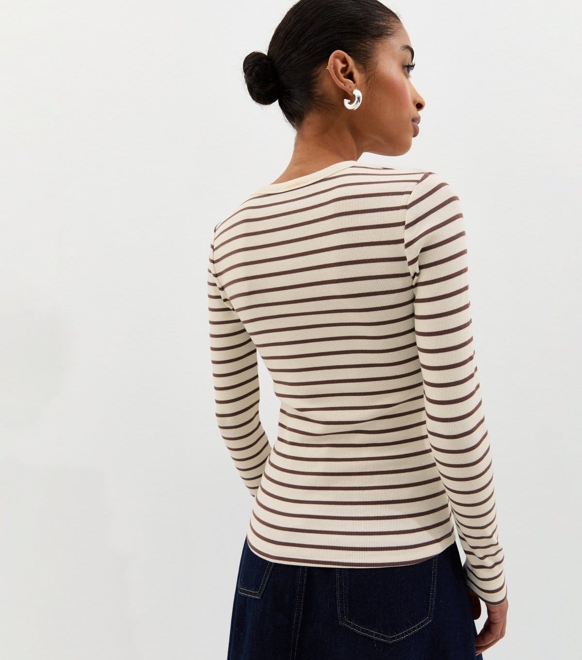 New Look Women's Cream Striped Rib Crew Neck Long Sleeve Top New Look - 4