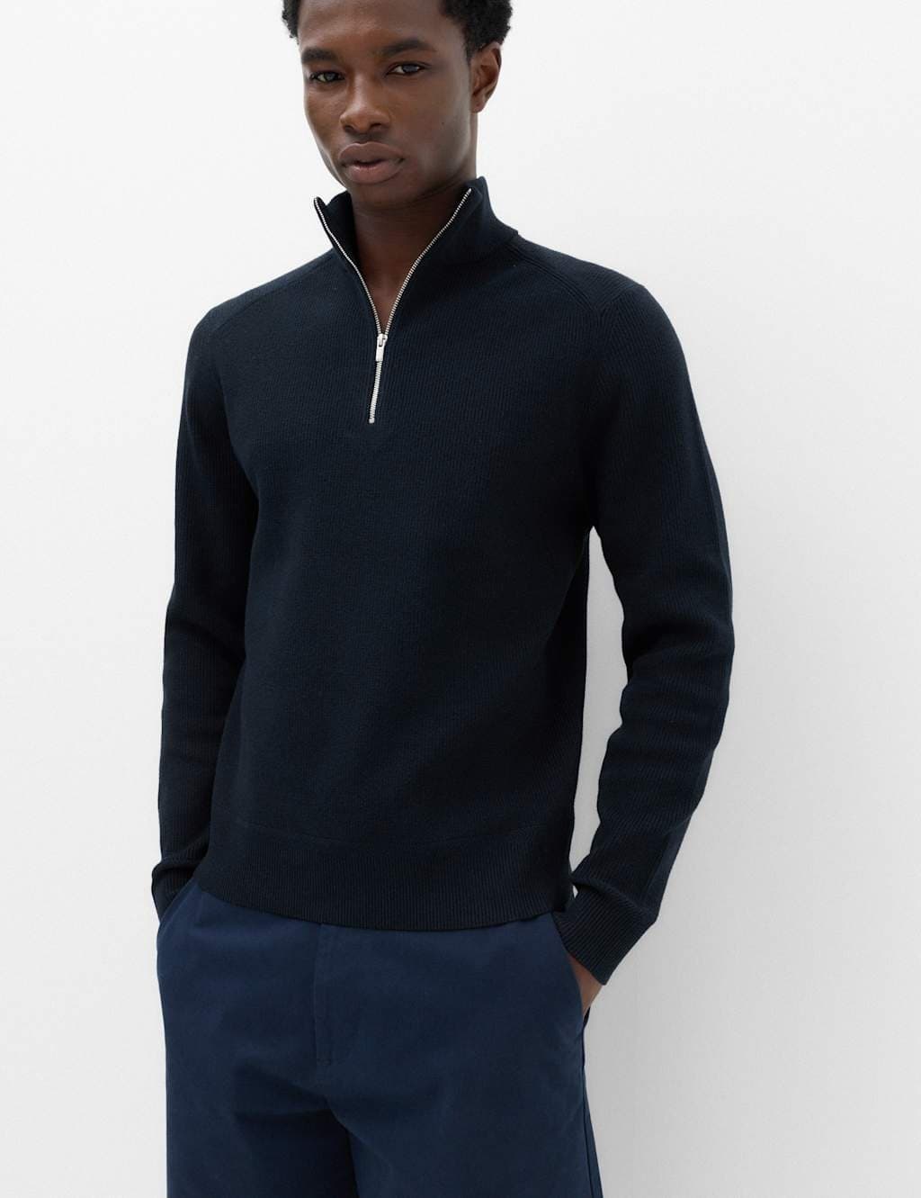 Marks & Spencer M&S Cotton Blend Ribbed Half Zip Jumper Navy