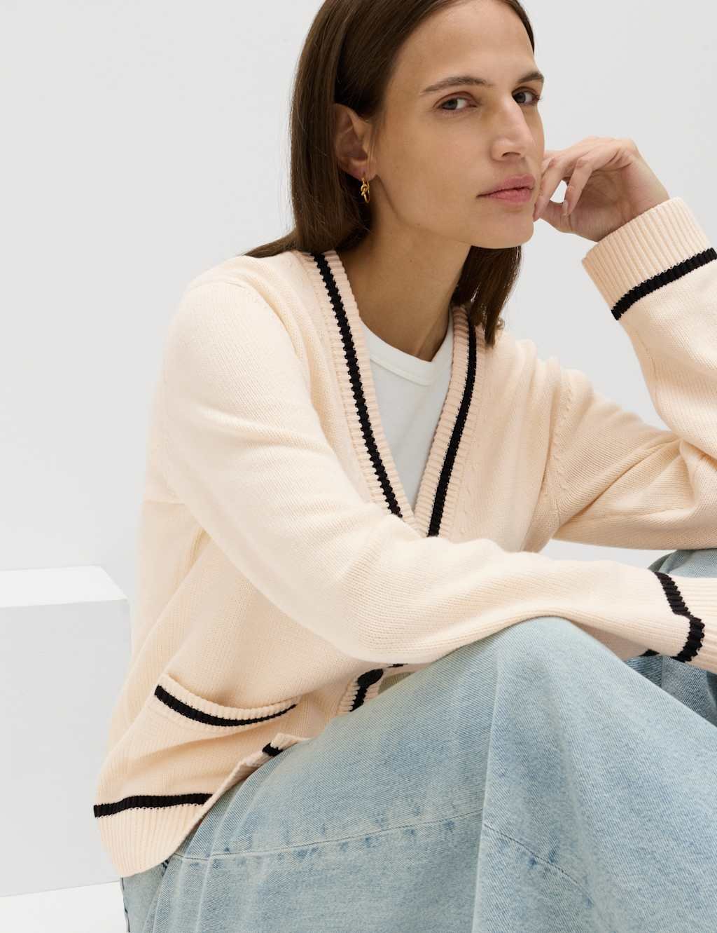 Marks & Spencer M&S Cotton Rich Pocket Detail Cardigan Vanilla - 2