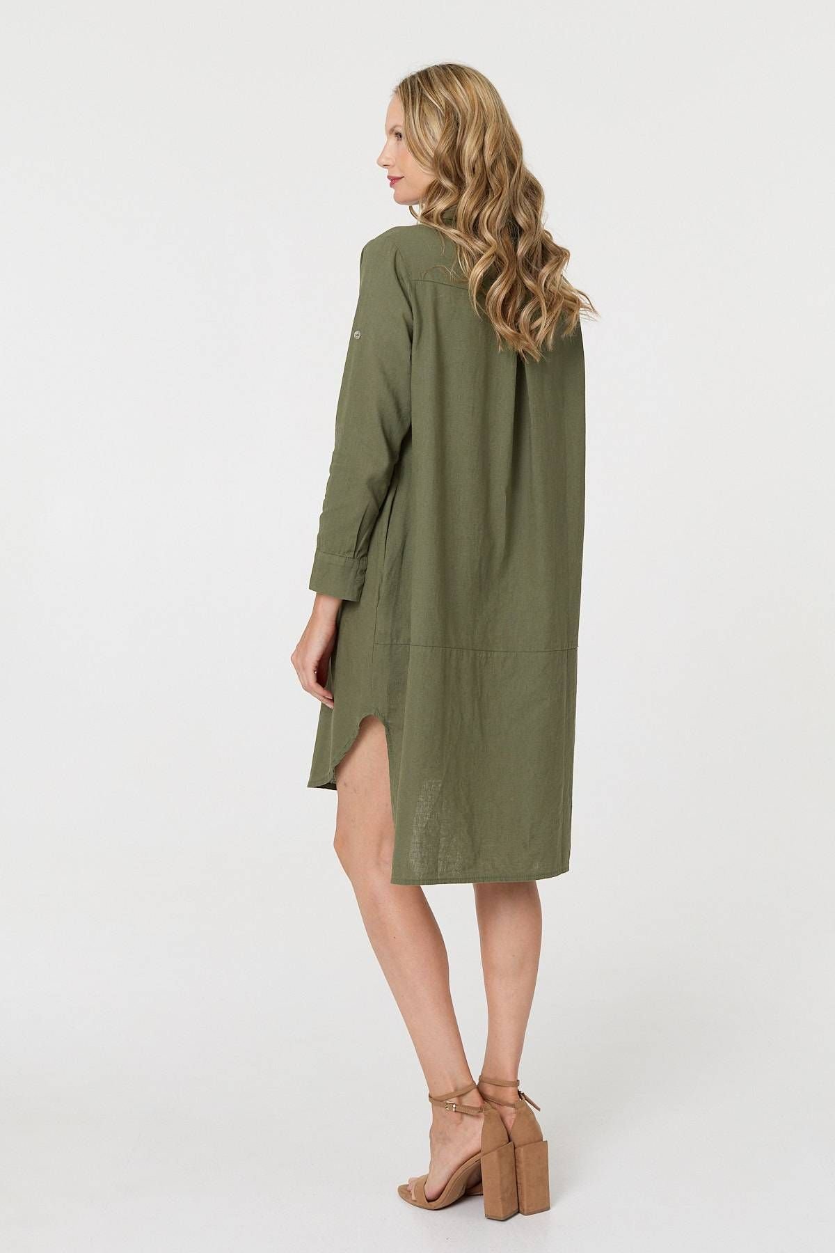 Izabel London Izabel London Women's Long Sleeve Split Hem Maxi Shirt Dress in Khaki - 2