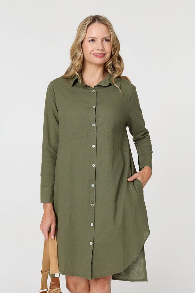 Izabel London Izabel London Women's Long Sleeve Split Hem Maxi Shirt Dress in Khaki - 3