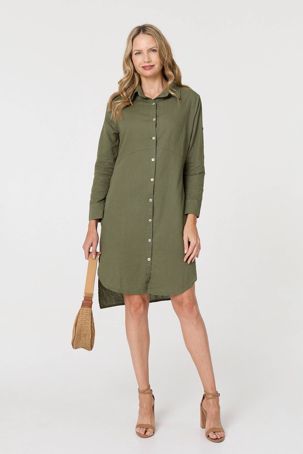 Izabel London Izabel London Women's Long Sleeve Split Hem Maxi Shirt Dress in Khaki - 4