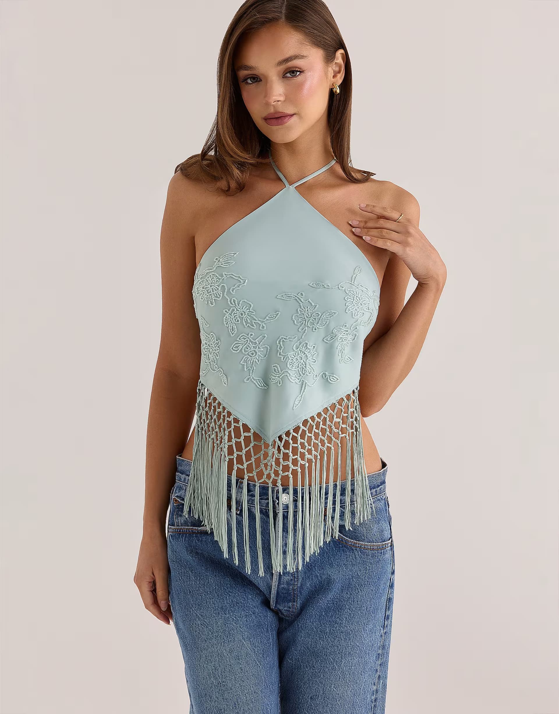 ASOS House of CB Sareena jade satin hand embellished halter neck top in jade