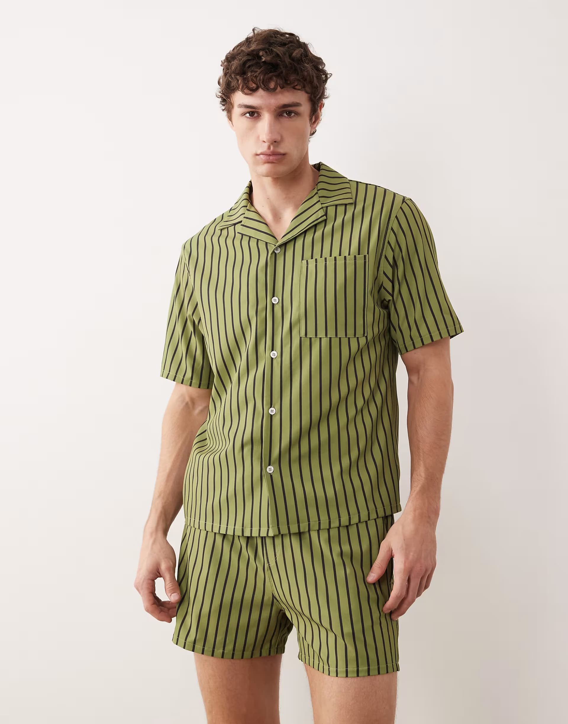ASOS Free Society short sleeve beach shirt in green stripe