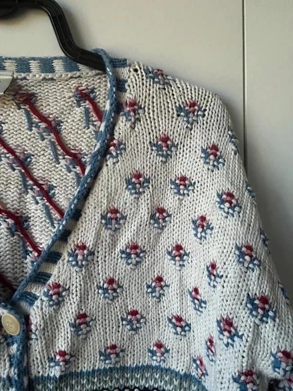 Vintage Vintage NEXT Fair Isle Floral Cardigan Cottagecore Scandi Knit Cotton Blue Pink S/M