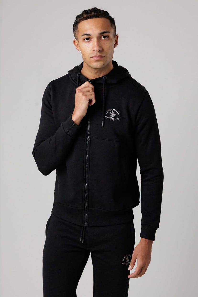 Santa Barbara Polo & Racquet Club Santa Barbara Polo & Racquet Club Men's Cotton Rich Zip Through Hoodie with Drawstring & Side Pockets in Black - 1