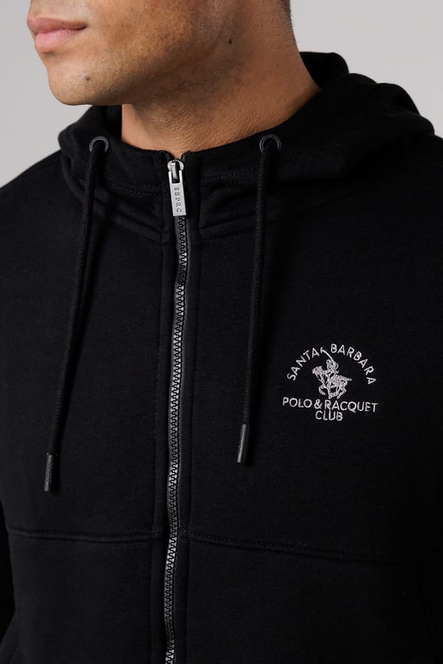Santa Barbara Polo & Racquet Club Santa Barbara Polo & Racquet Club Men's Cotton Rich Zip Through Hoodie with Drawstring & Side Pockets in Black - 3