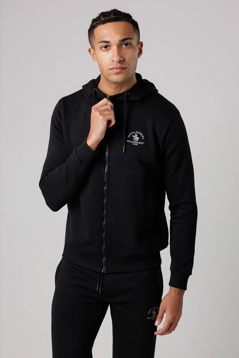 Santa Barbara Polo & Racquet Club Santa Barbara Polo & Racquet Club Men's Cotton Rich Zip Through Hoodie with Drawstring & Side Pockets in Black - 4