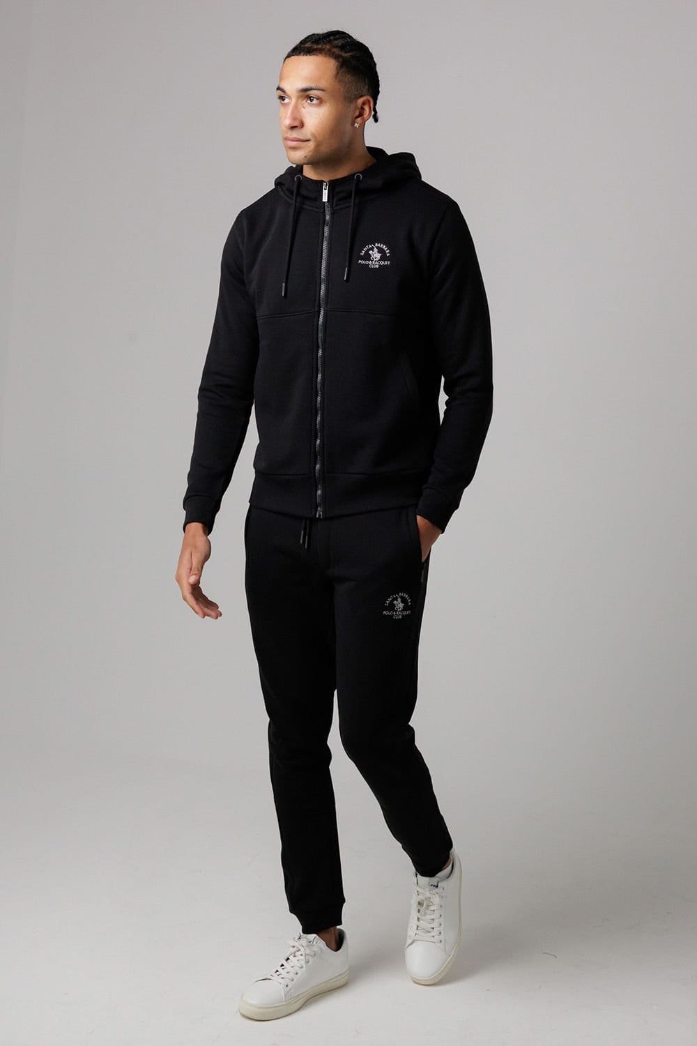 Santa Barbara Polo & Racquet Club Santa Barbara Polo & Racquet Club Men's Cotton Rich Zip Through Hoodie with Drawstring & Side Pockets in Black - 4