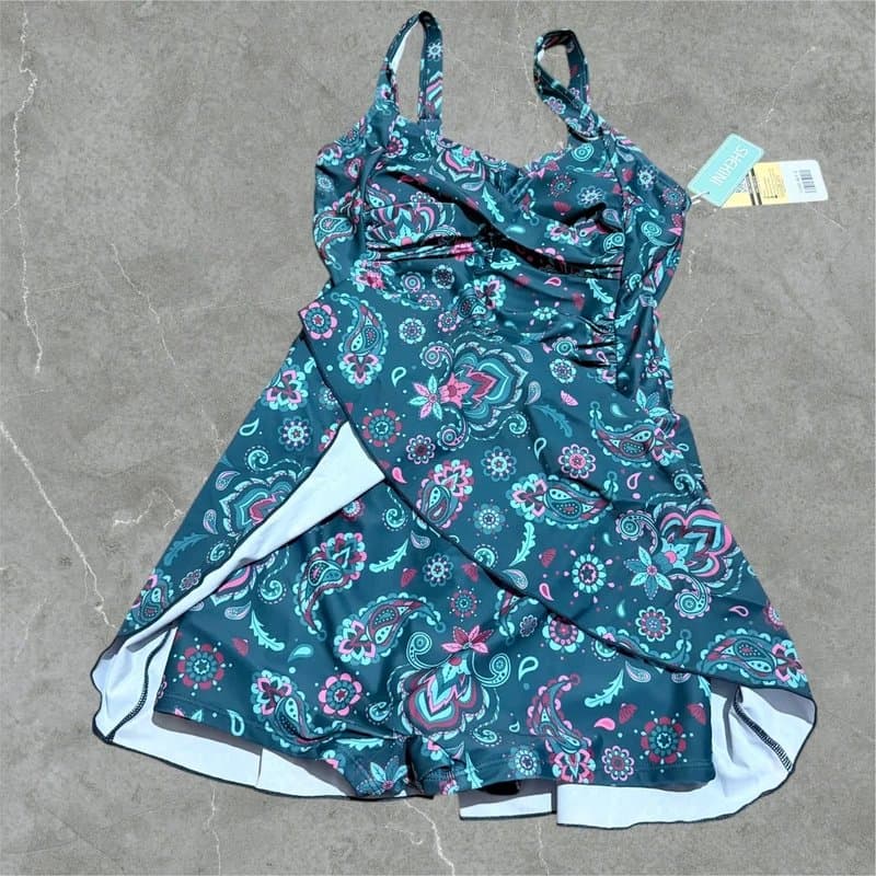 SHEKINI size 8 swim dress swimsuit shekini floral tummy control upf50 padded new