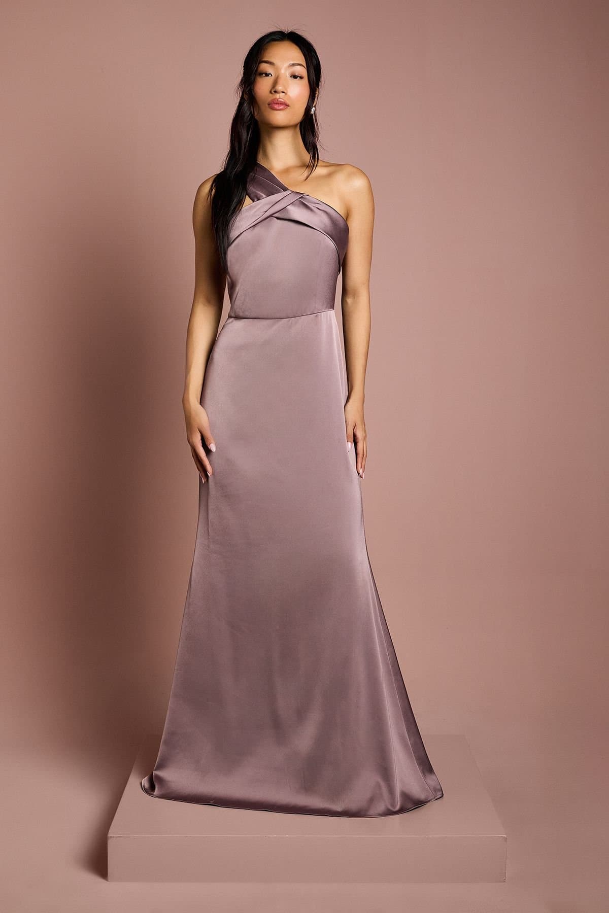 Coast Coast Women's Asymmetric Neckline Satin Bridesmaid Maxi Dress in Dark Mauve