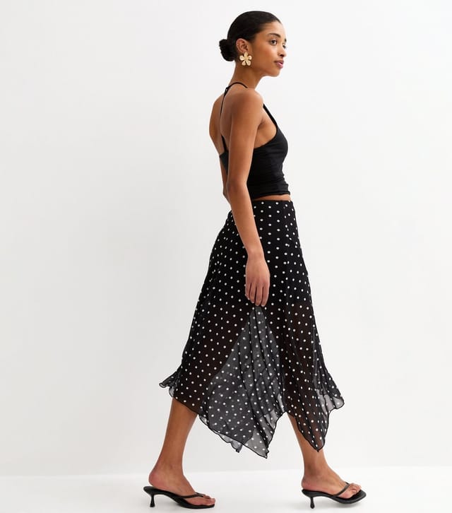 New Look Women's Black Mesh Polka Dot Hanky Hem Midi Skirt New Look - 2