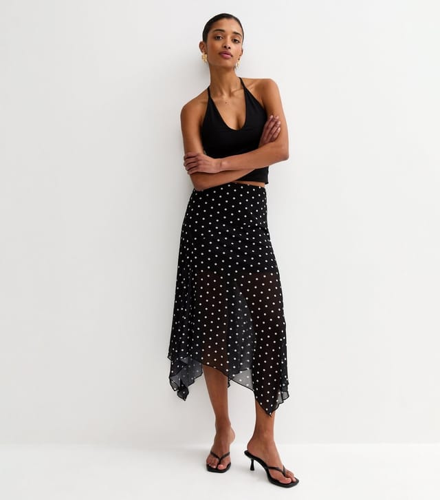New Look Women's Black Mesh Polka Dot Hanky Hem Midi Skirt New Look - 3