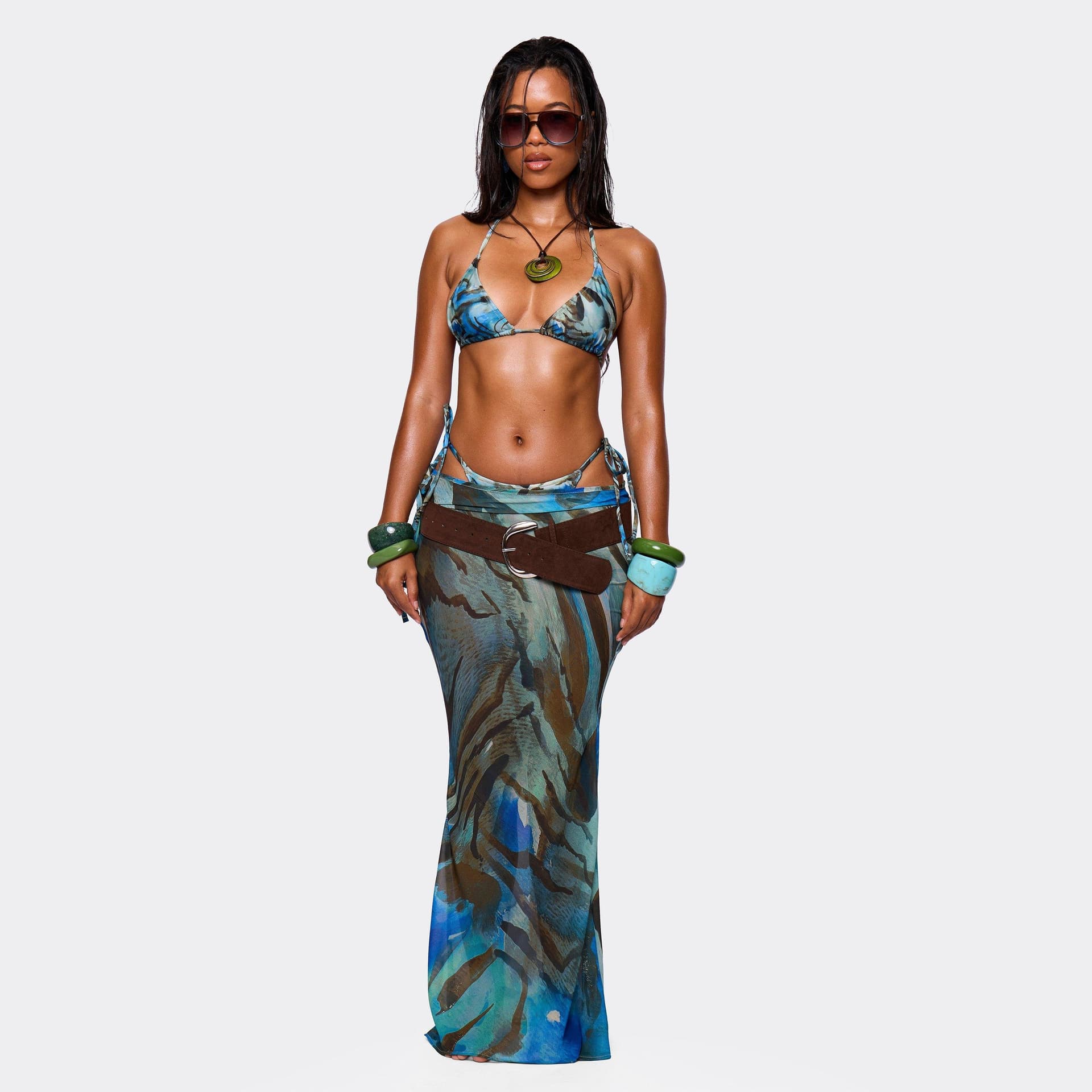 EGO Maxi Beach Skirt In Blue Abstract Print, Women's Size UK L