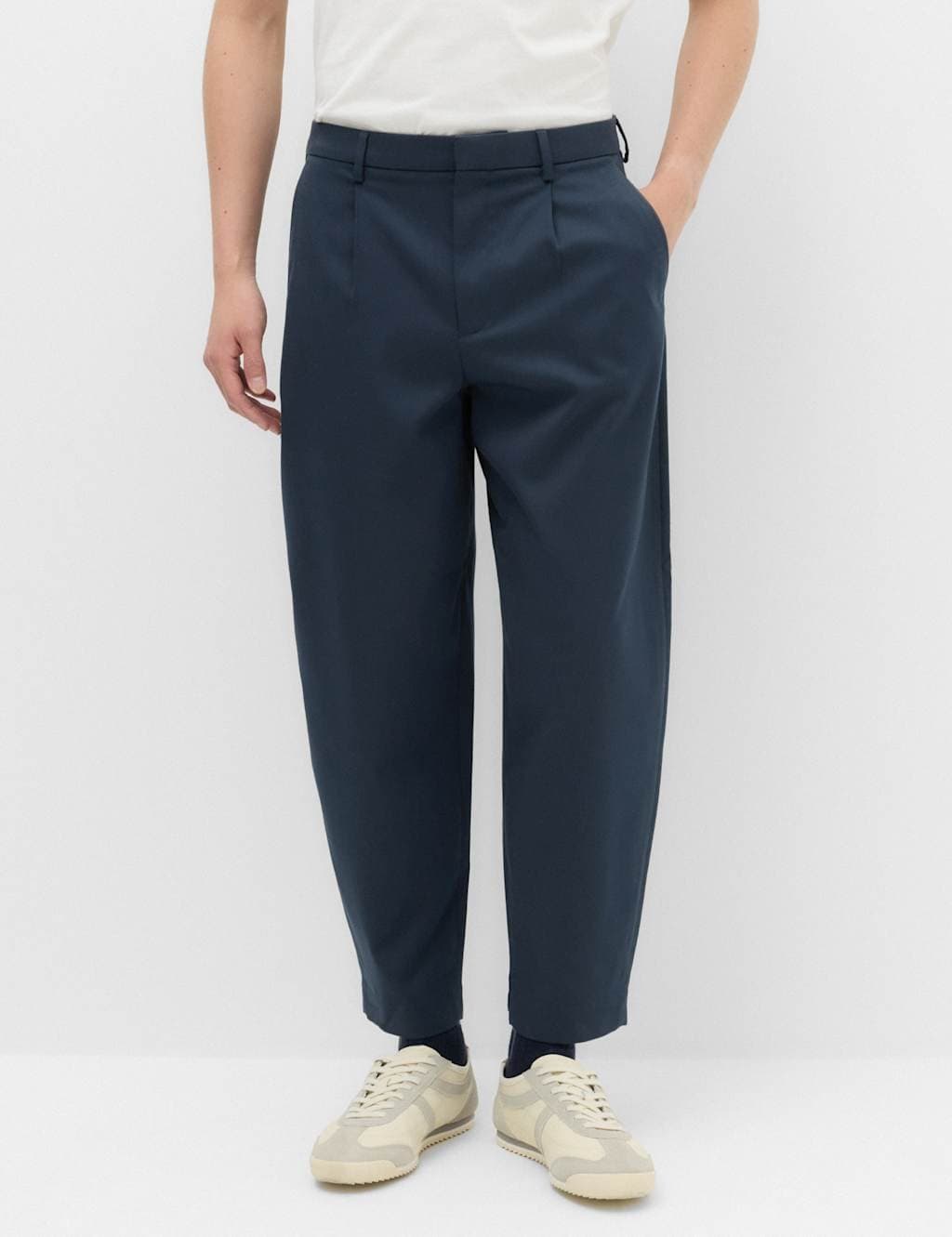 Marks & Spencer M&S Barrel Fit Smart Twill Trousers Dark Navy