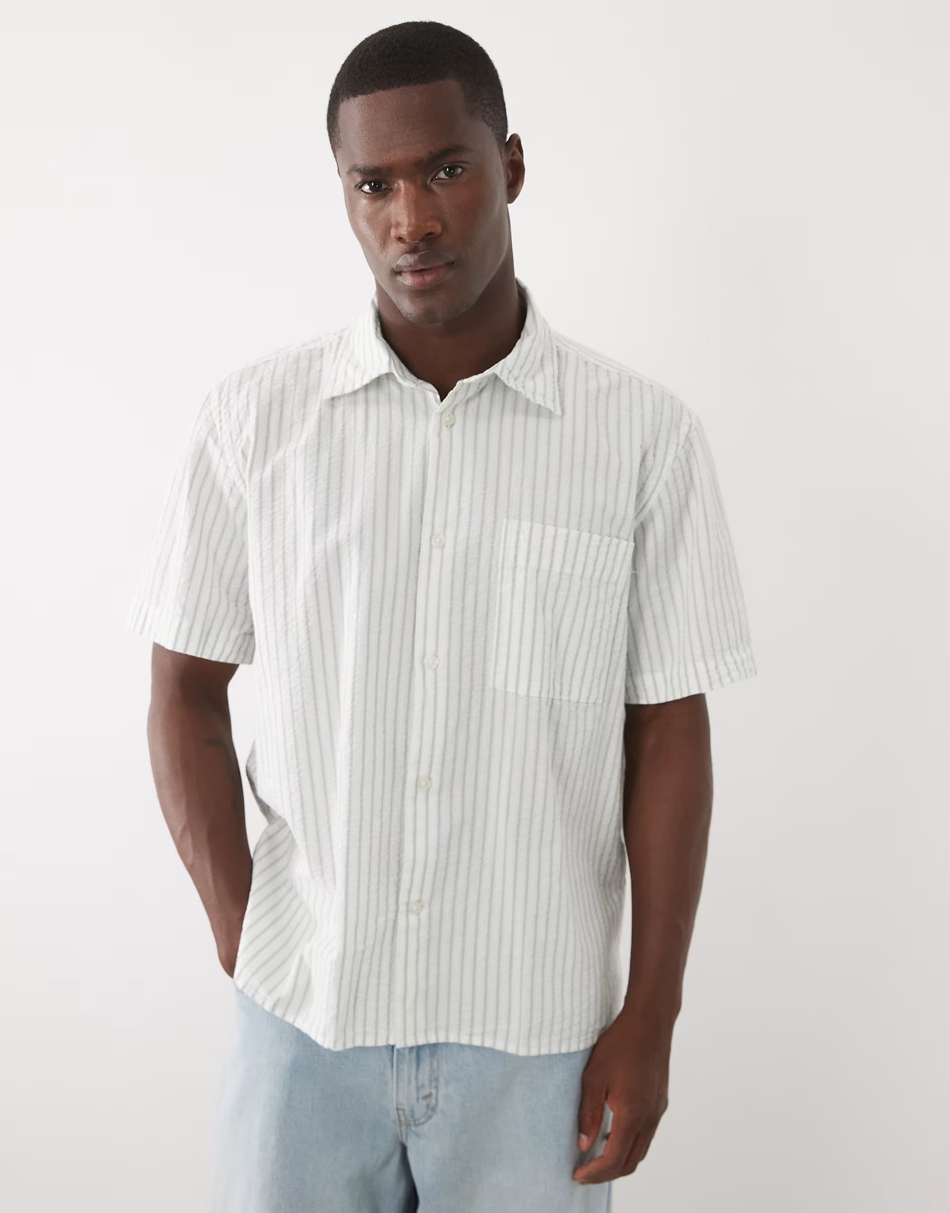 ASOS Selected seersucker short sleeve shirt in cream stripe