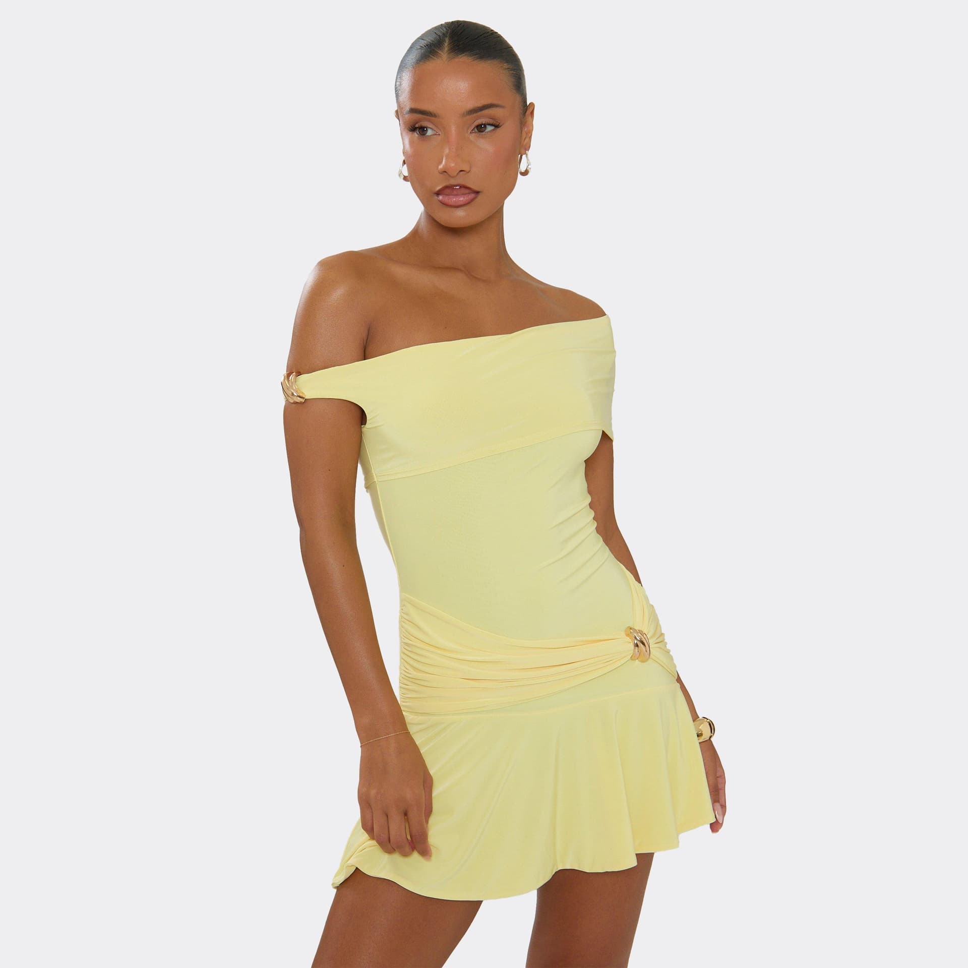 EGO Bardot Trim Detail Frilled Hem Mini Dress In Lemon, Women's Size UK 6