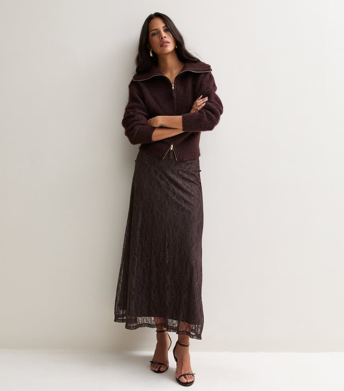 New Look Women's Dark Brown Floral Lace Midi Skirt New Look