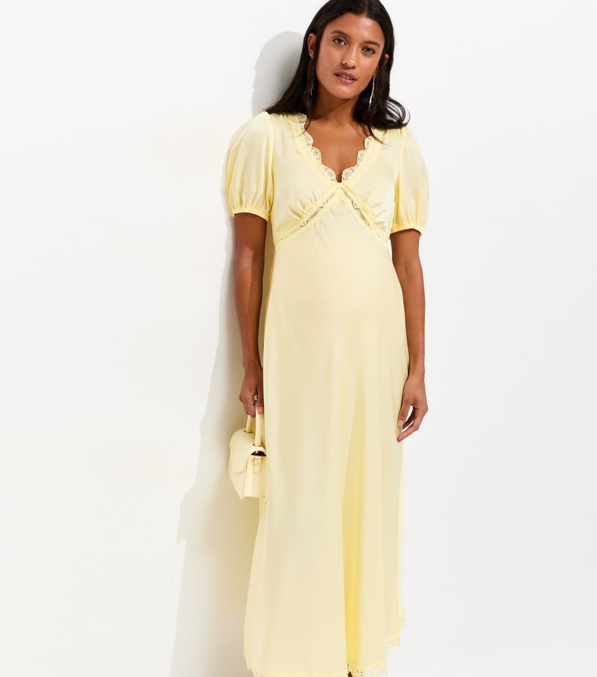 New Look Women's Maternity Yellow Lace Trimmed Satin Midi Tea Dress New Look