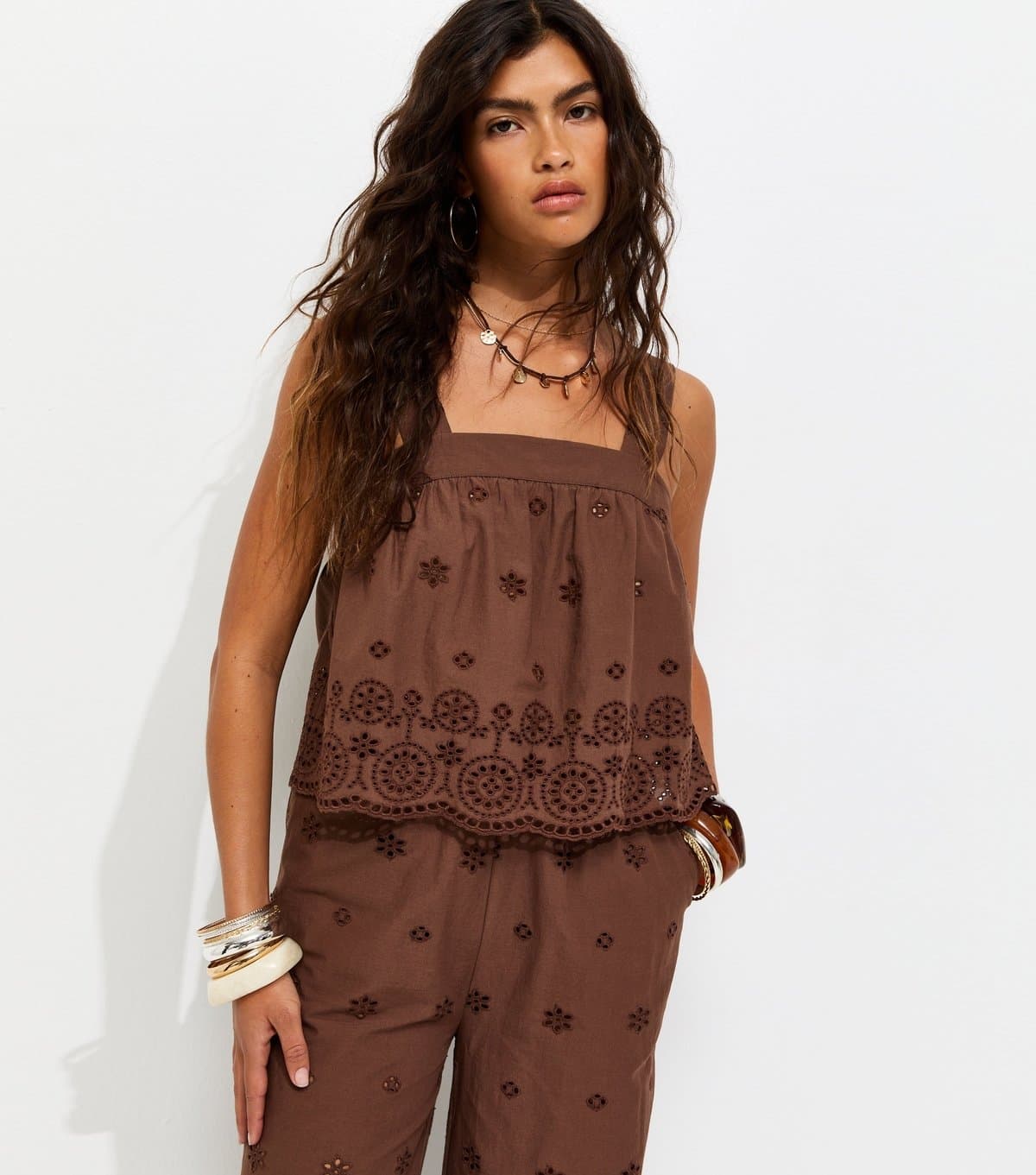 New Look Women's Dark Brown Cotton Broderie Embroidered Scalloped Hem Cami Top New Look