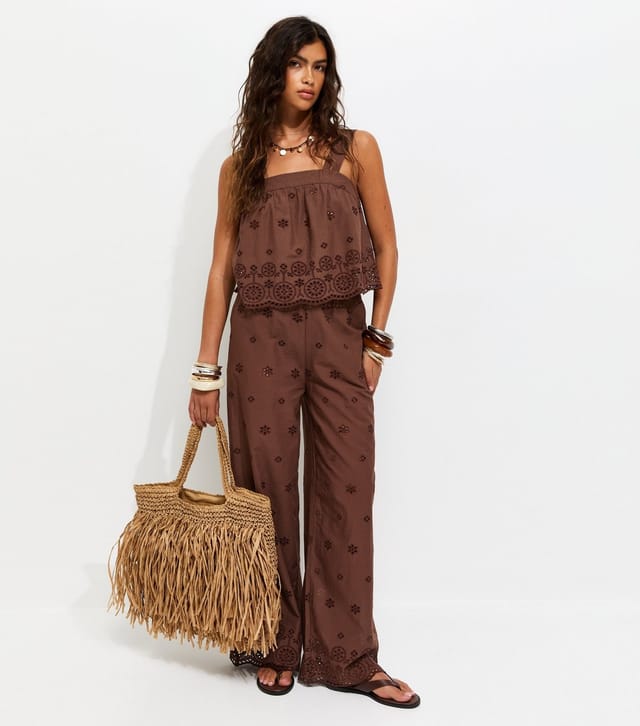 New Look Women's Dark Brown Cotton Broderie Embroidered Scalloped Hem Cami Top New Look - 3