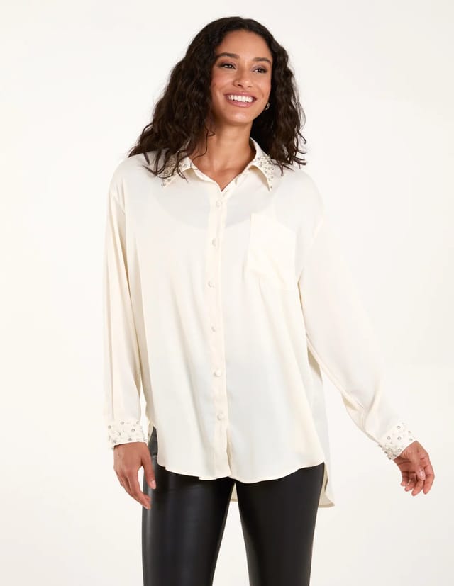 Blue Vanilla Embellished Collar & Cuff Satin Shirt - 2