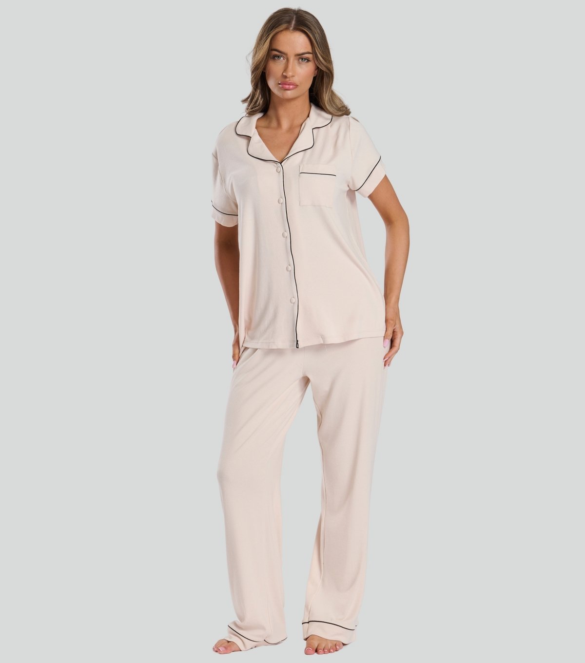 Loungeable Women's Mink Ribbed Shirt and Trousers Pyjama Set Loungeable New Look - 2