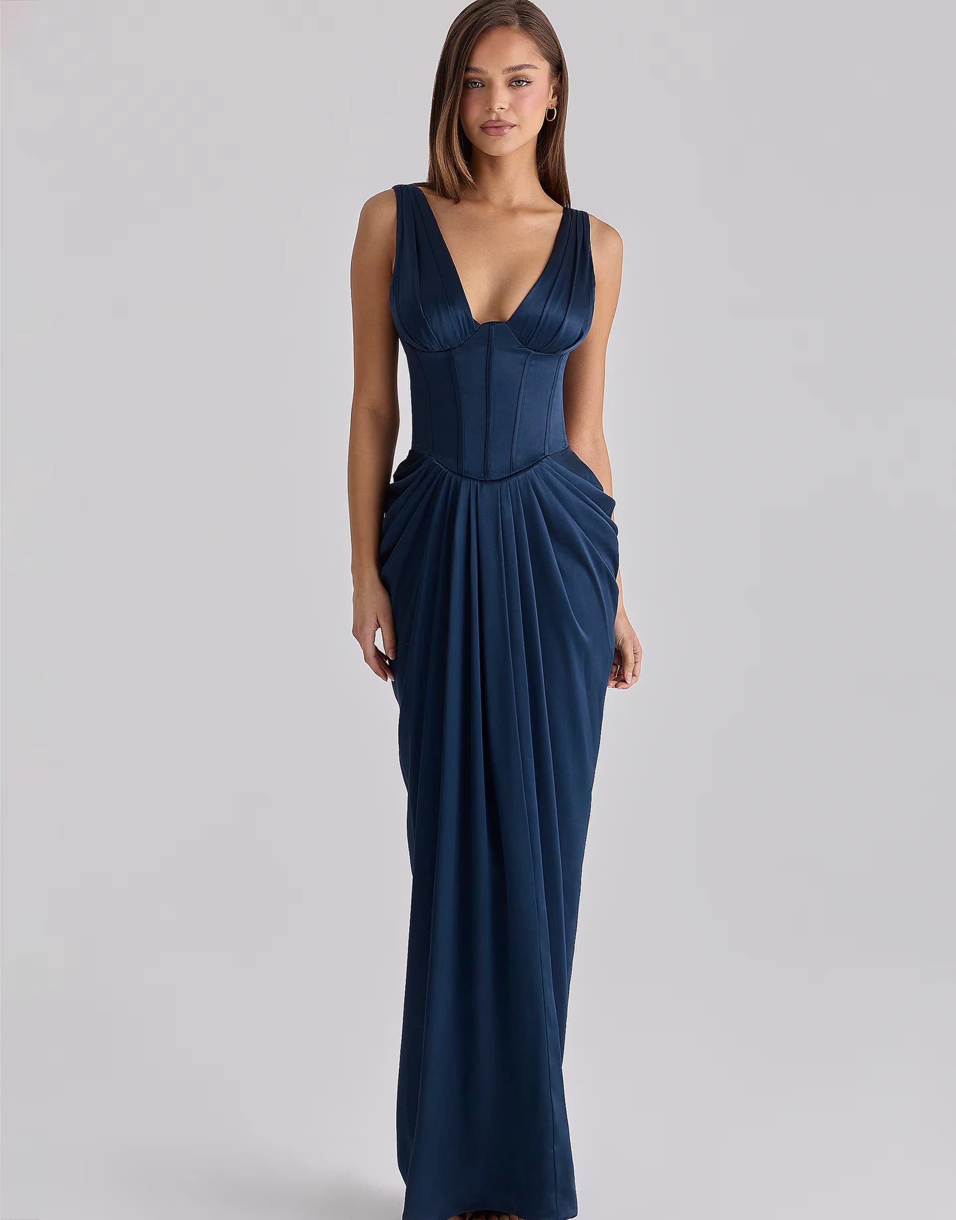 ASOS House of CB Angeline navy satin corset maxi dress in navy