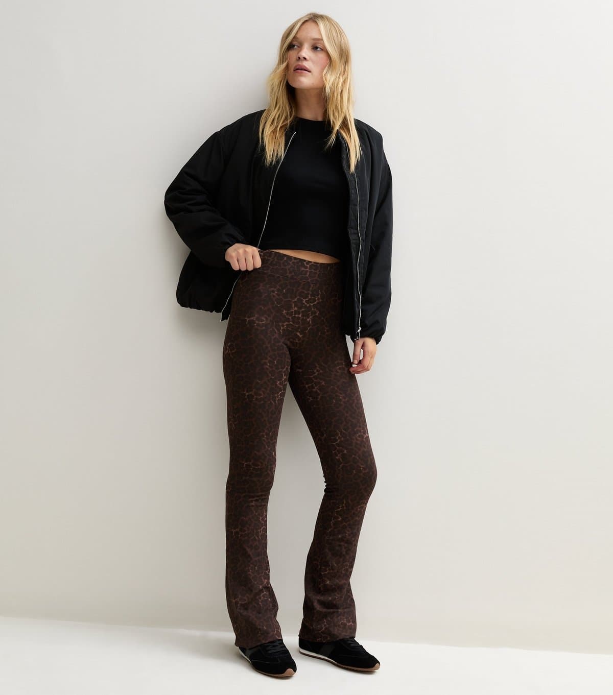 New Look Women's Brown Cotton Rich Leopard Print High Waist Kick Flare Leggings New Look