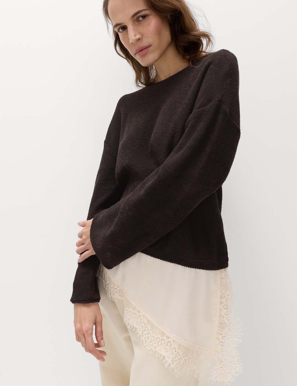 Marks & Spencer M&S Cotton Blend Lace Detail Jumper Raisin