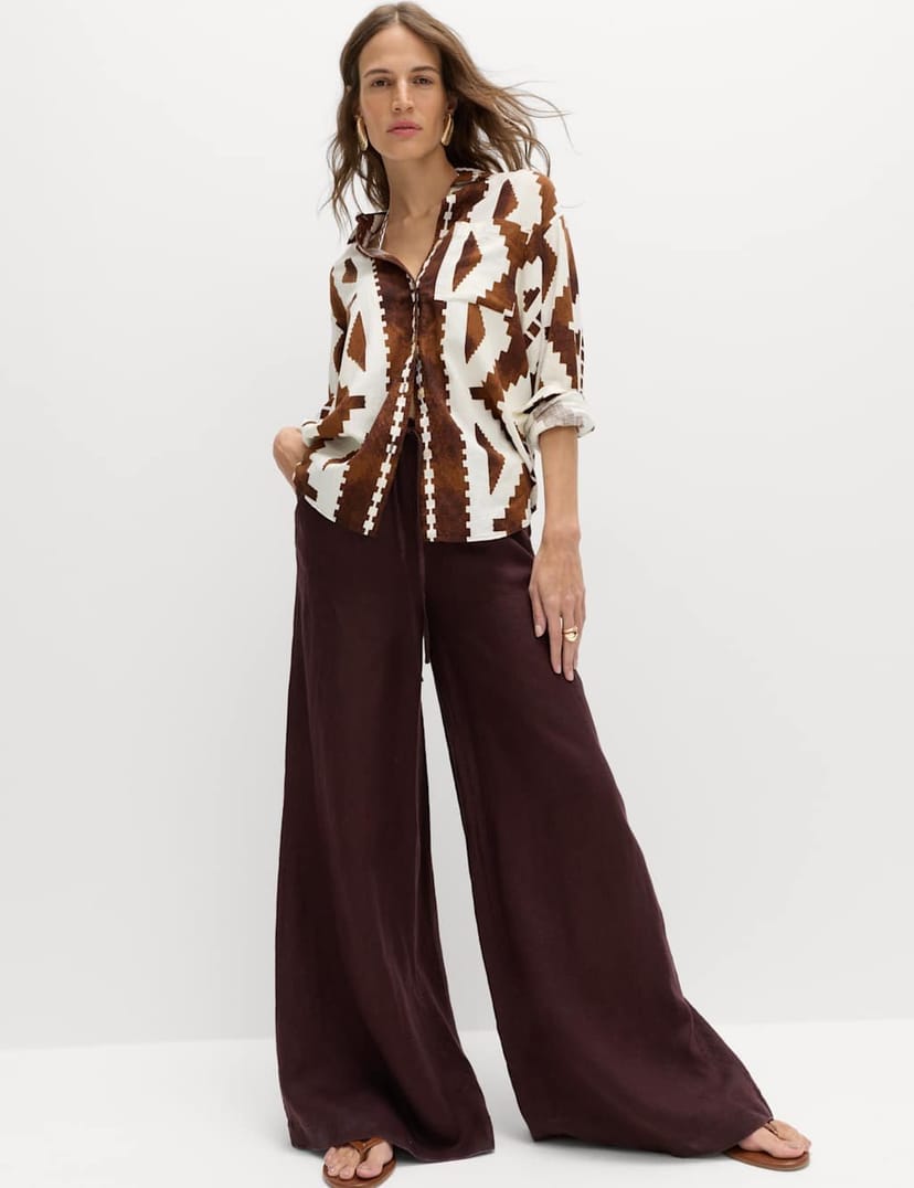 Marks & Spencer M&S Pure Linen Wide Leg Palazzo Trousers Peat - 1