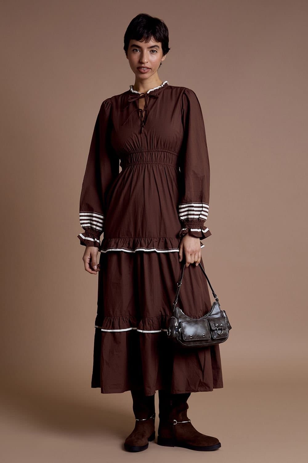 Neon Rose Neon Rose Women's Cotton High Collar Tiered Midaxi Dress in Brown