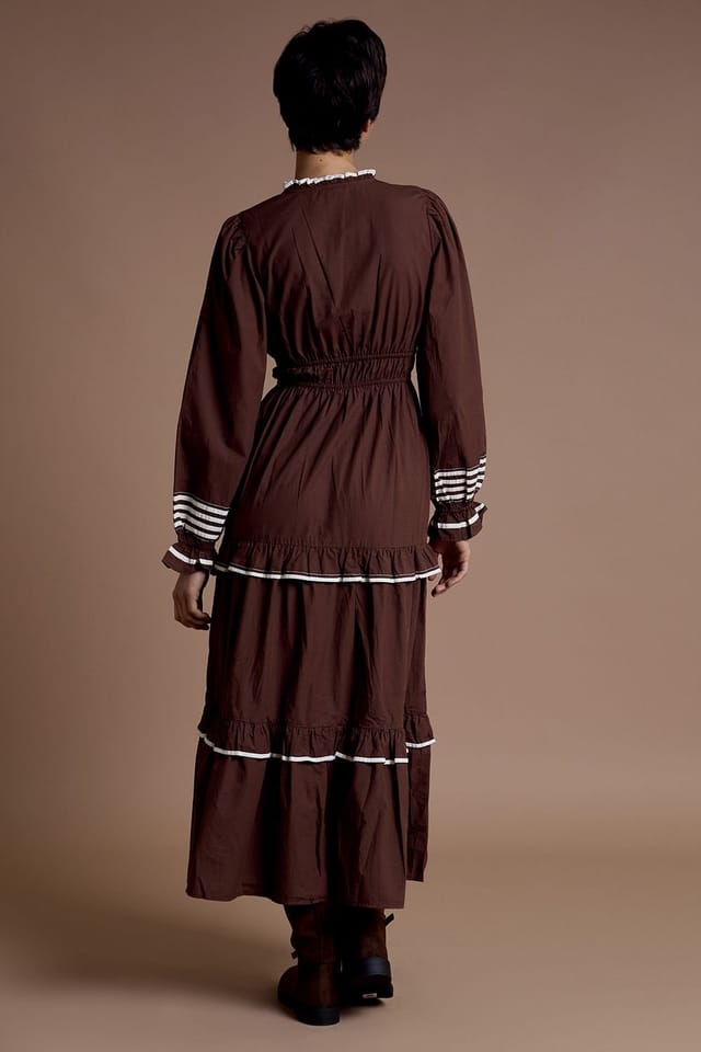 Neon Rose Neon Rose Women's Cotton High Collar Tiered Midaxi Dress in Brown - 2