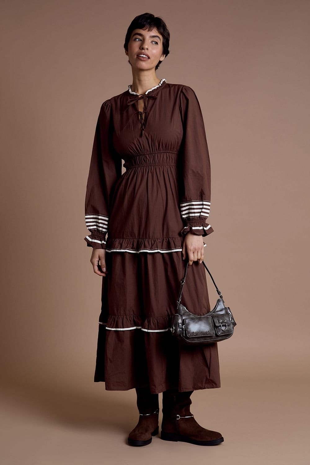 Neon Rose Neon Rose Women's Cotton High Collar Tiered Midaxi Dress in Brown - 4