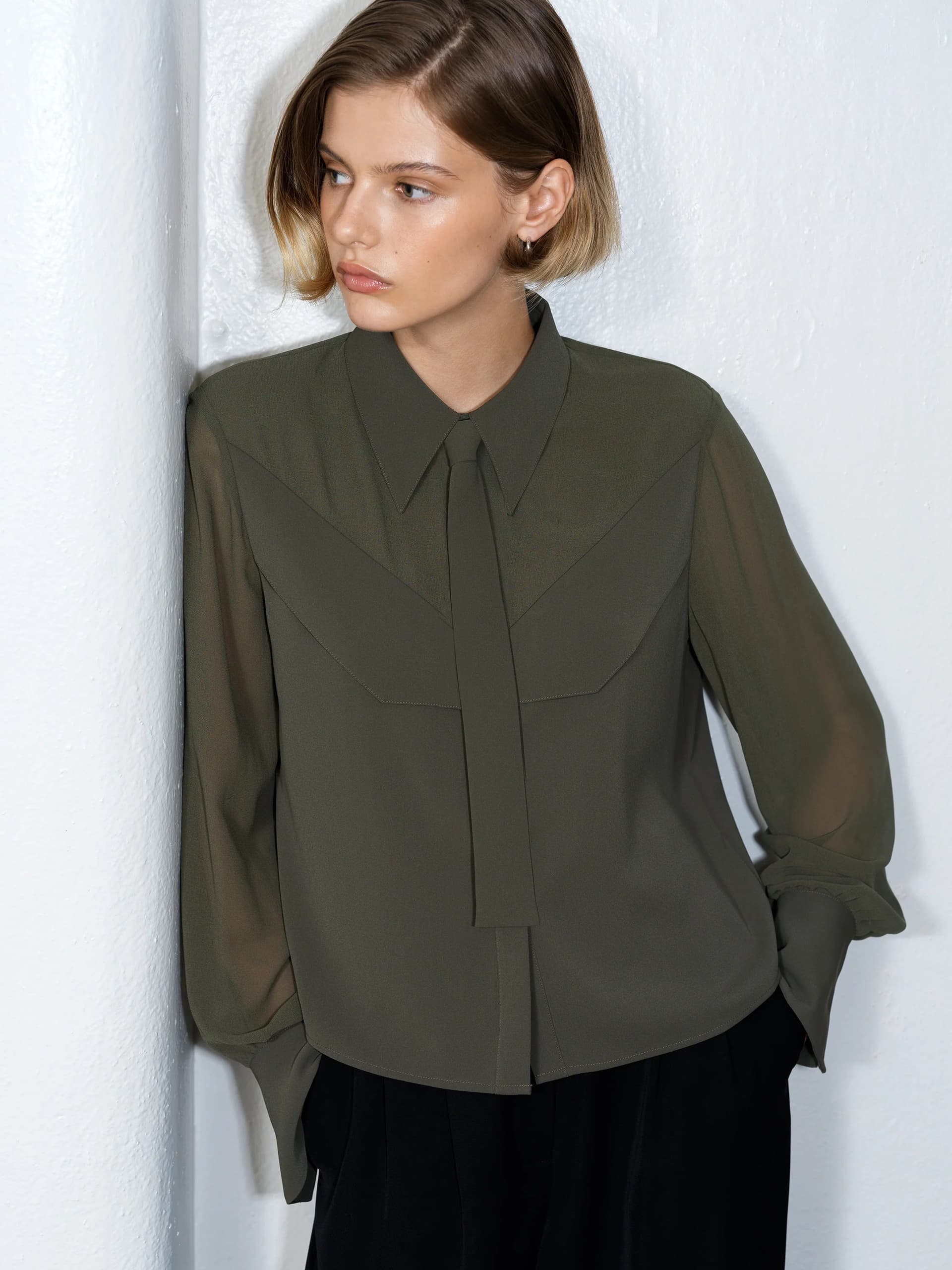 French Connection Arezzo Neck Tie Shirt Khaki Green