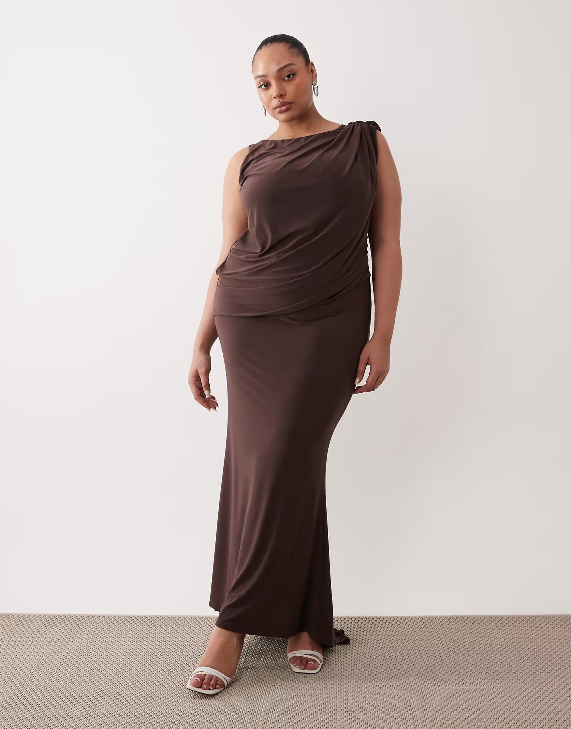 ASOS ASOS DESIGN Curve slinky asymmetric drape maxi dress with cowl back in chocolate