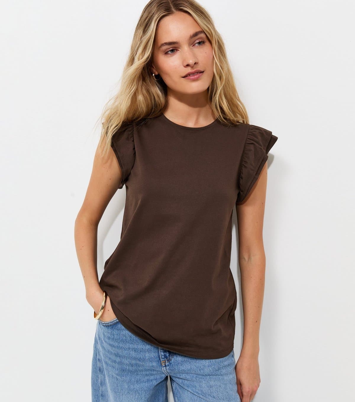 New Look Women's Dark Brown Cotton Frill Sleeve Top New Look