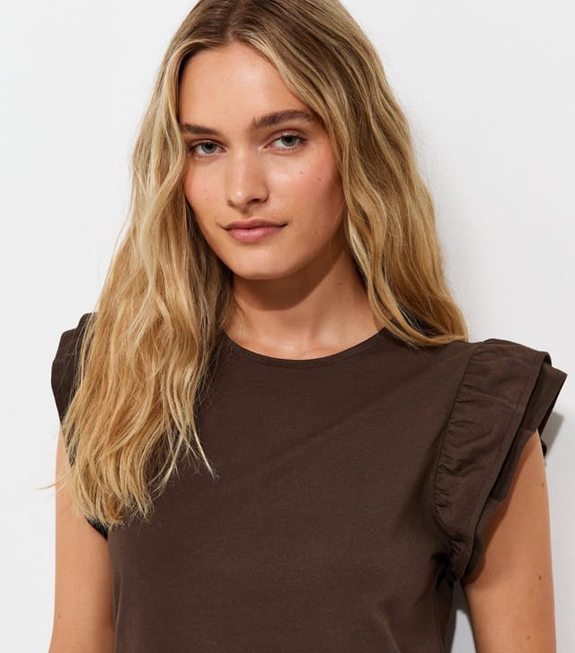 New Look Women's Dark Brown Cotton Frill Sleeve Top New Look - 2