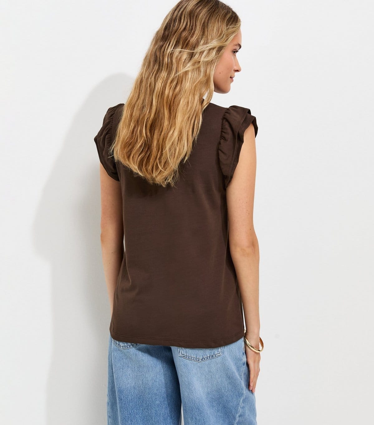 New Look Women's Dark Brown Cotton Frill Sleeve Top New Look - 4