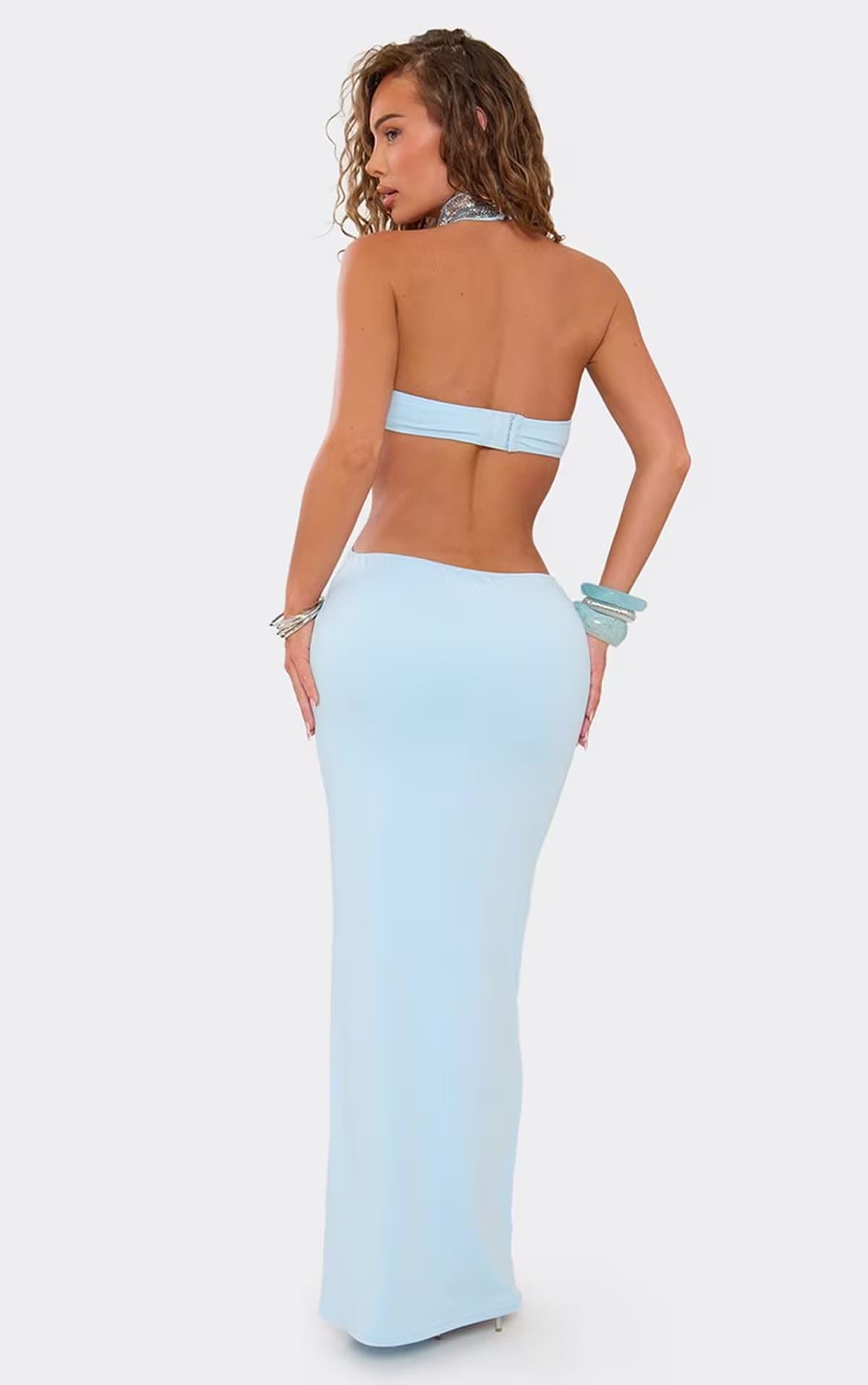 EGO High Neck Contrast Sequin Detail Cut Out Ruched Maxi Dress In Blue., Women's Size UK 6