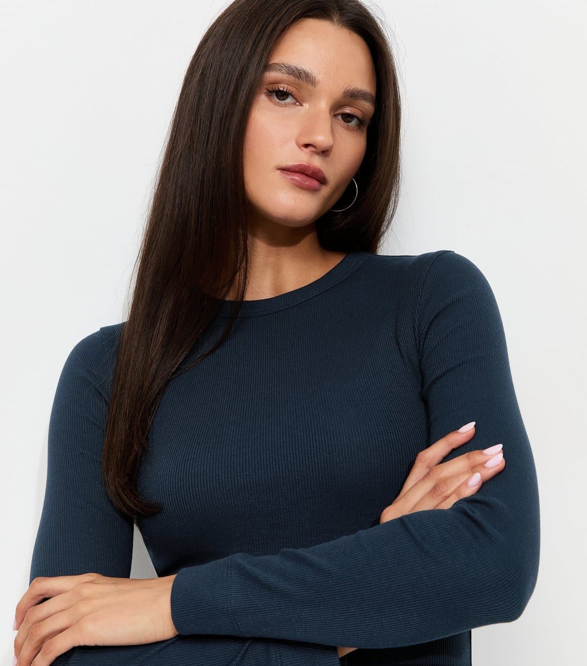 New Look New Look Navy Cotton Rich Ribbed Crew Neck Long Sleeve Top