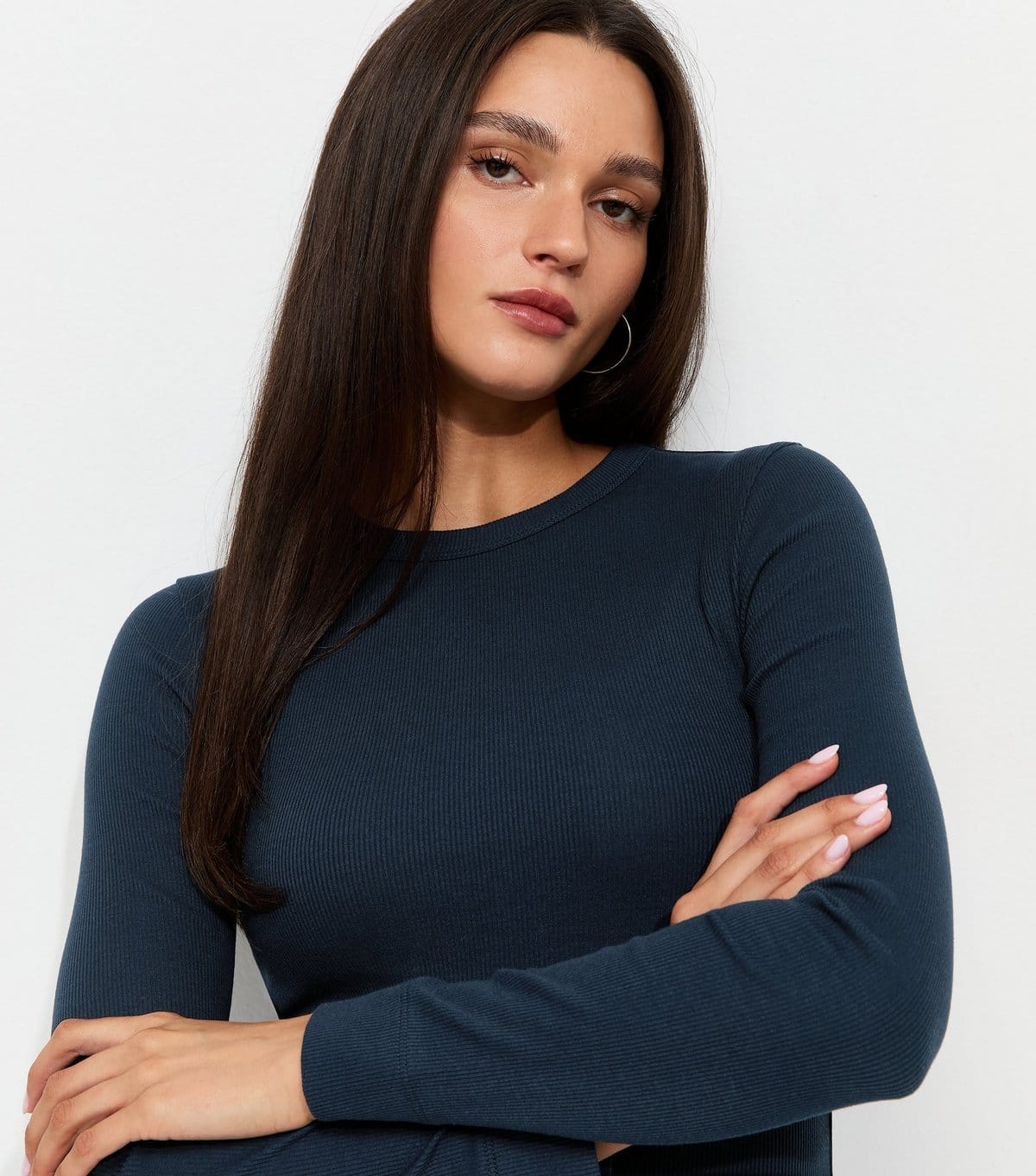 New Look Navy Cotton Rich Ribbed Crew Neck Long Sleeve Top