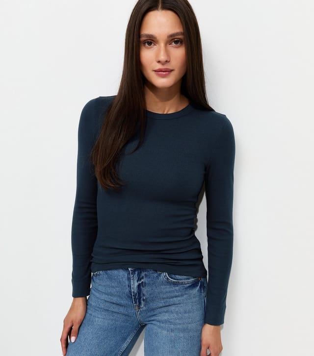 New Look Women's Navy Cotton Rich Ribbed Crew Neck Long Sleeve Top New Look - 2