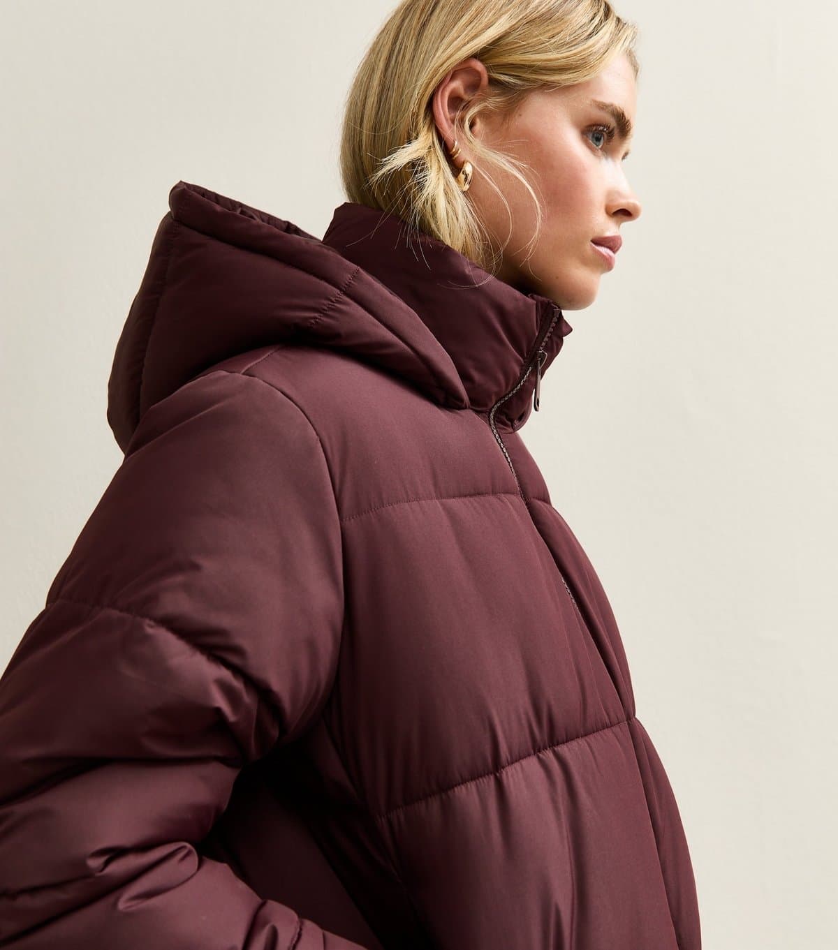 New Look Women's Petite Dark Burgundy Hooded Cropped Puffer Jacket New Look